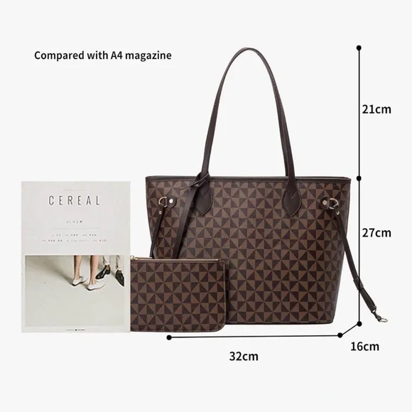 Elegant Brown Patterned Tote Bag with Pouch - Picture 6 of 7